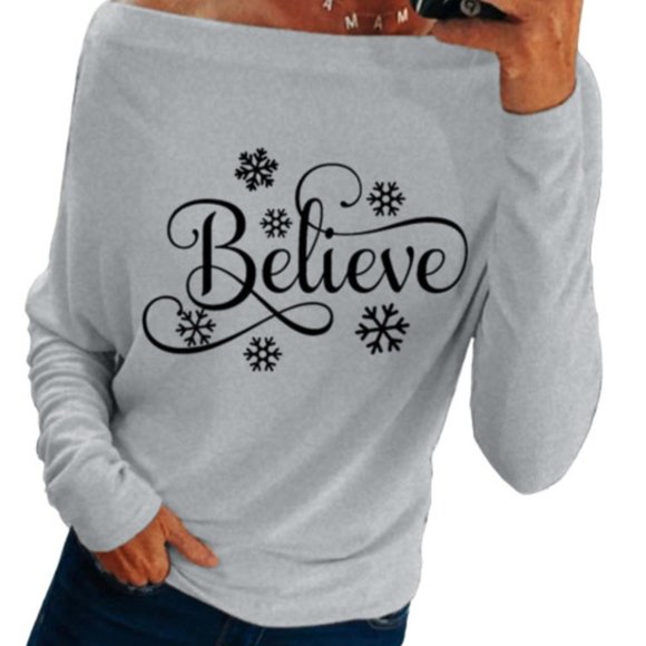 BRAND NEW Christmas BELIEVE Off Shoulder Holiday Shirt - Picture 1 of 4